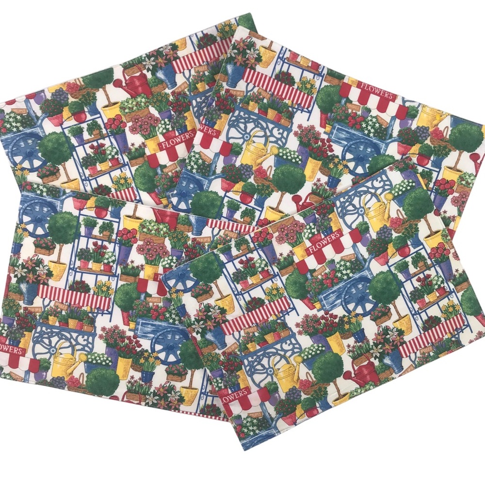 4 Vintage Placemats Colorful French Flowers Cart Cloth Farmhouse Provence FLAWS